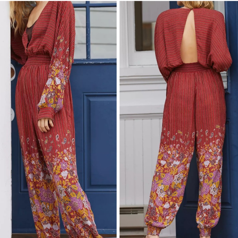 Anthropologie Rust Red bolo Floral open back long sleeved Jumpsuit - Picture 3 of 11